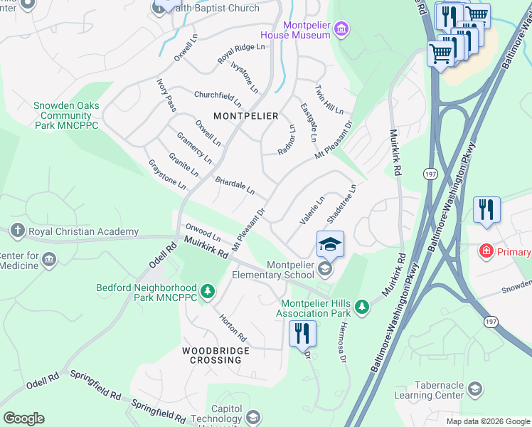 map of restaurants, bars, coffee shops, grocery stores, and more near 12201 Mount Pleasant Drive in Laurel