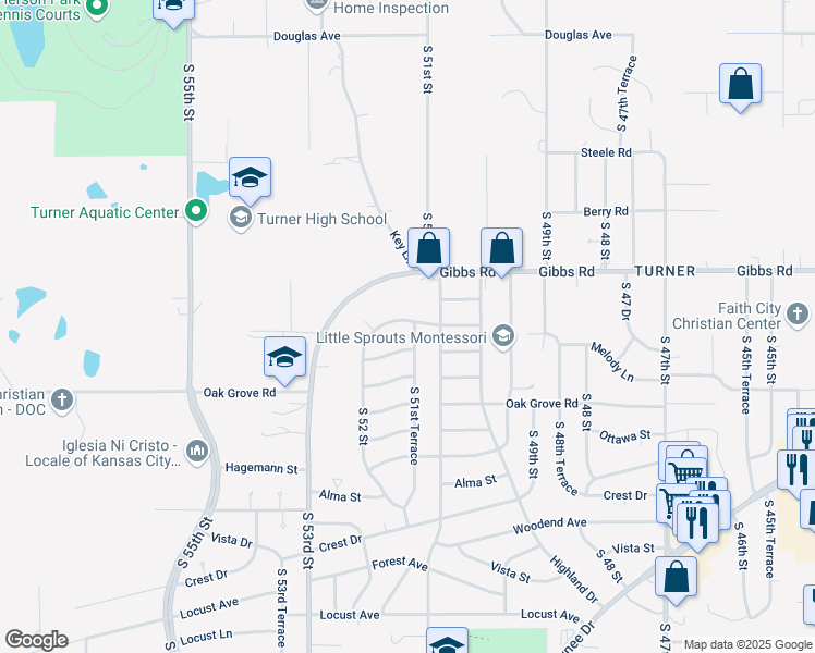 map of restaurants, bars, coffee shops, grocery stores, and more near 2500 South 51st Terrace in Kansas City