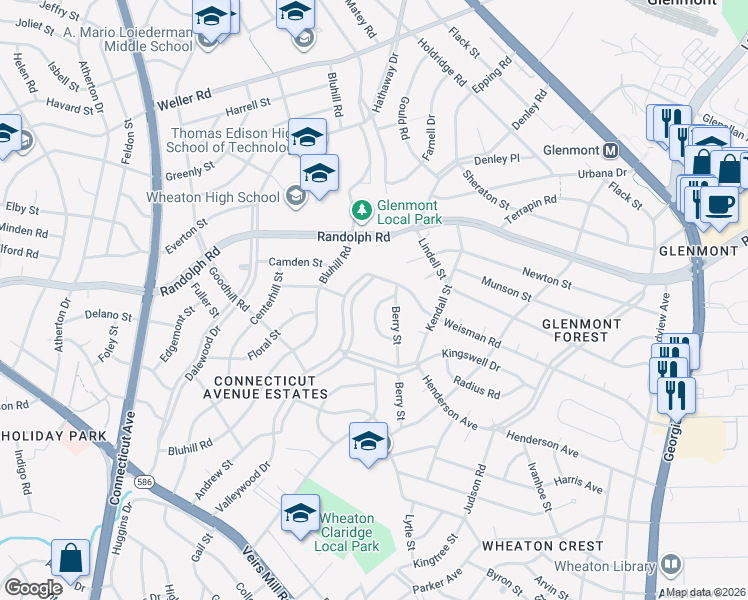 map of restaurants, bars, coffee shops, grocery stores, and more near 12240 Bond Street in Silver Spring