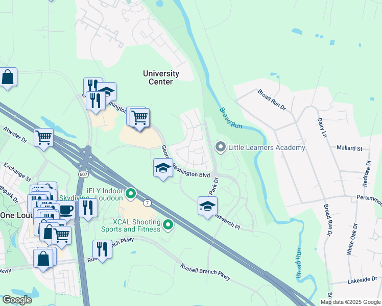 map of restaurants, bars, coffee shops, grocery stores, and more near 20202 Bar Harbor Terrace in Ashburn