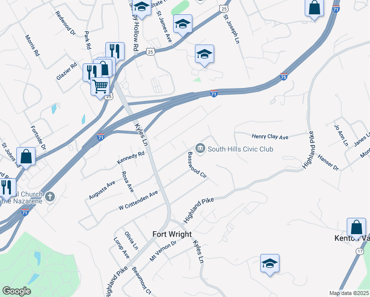 map of restaurants, bars, coffee shops, grocery stores, and more near 1602 East Henry Clay Avenue in Fort Wright