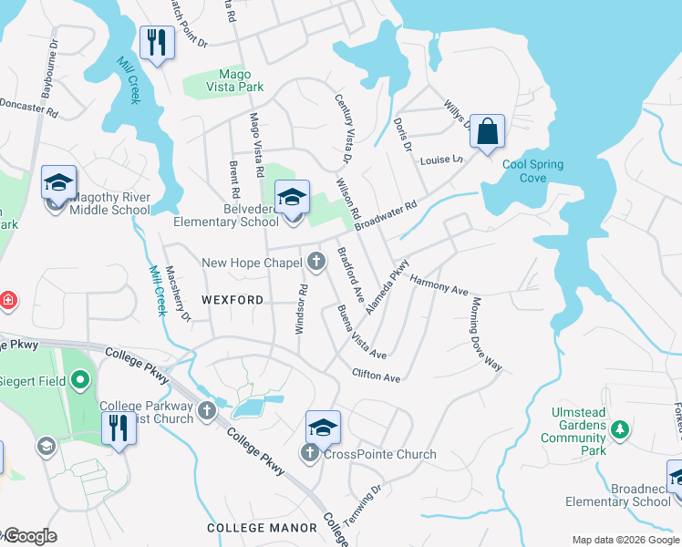 map of restaurants, bars, coffee shops, grocery stores, and more near 809 Bradford Avenue in Arnold