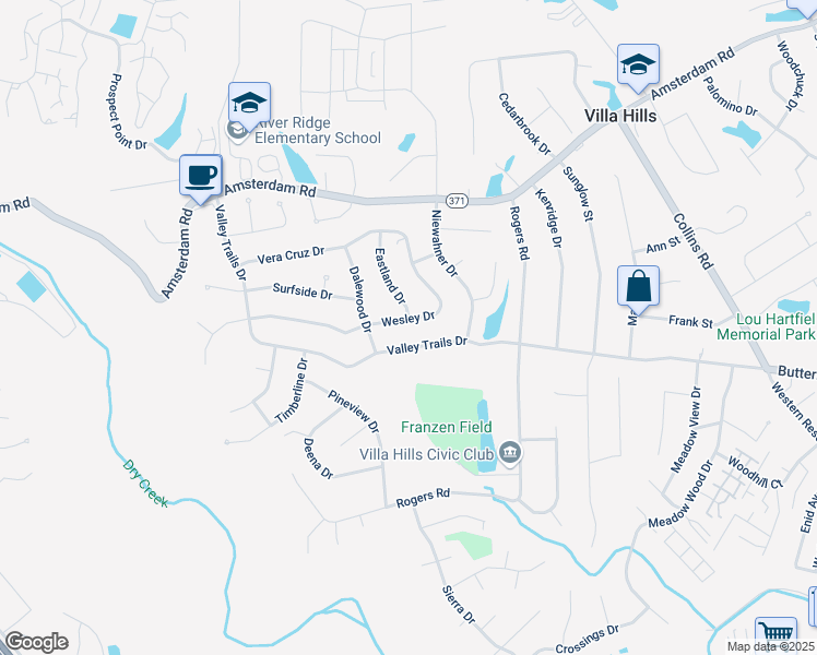 map of restaurants, bars, coffee shops, grocery stores, and more near 2641 Wesley Drive in Villa Hills
