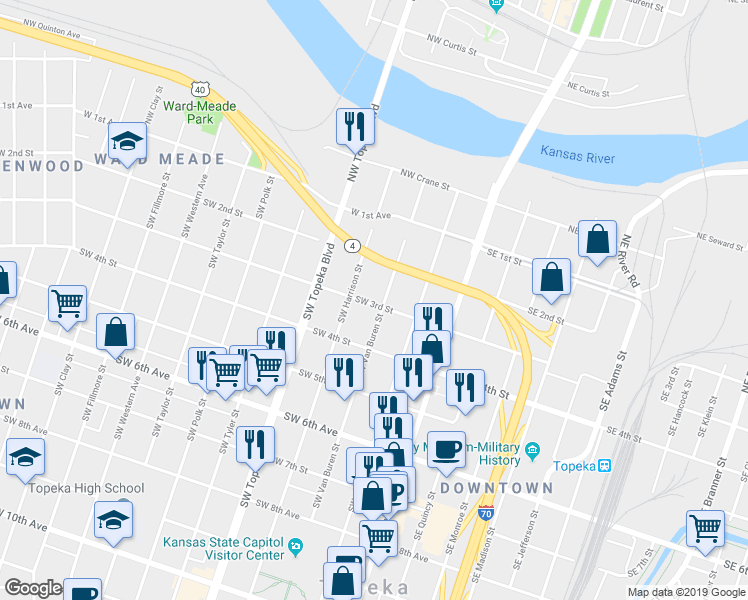 map of restaurants, bars, coffee shops, grocery stores, and more near 227 Southwest Van Buren Street in Topeka