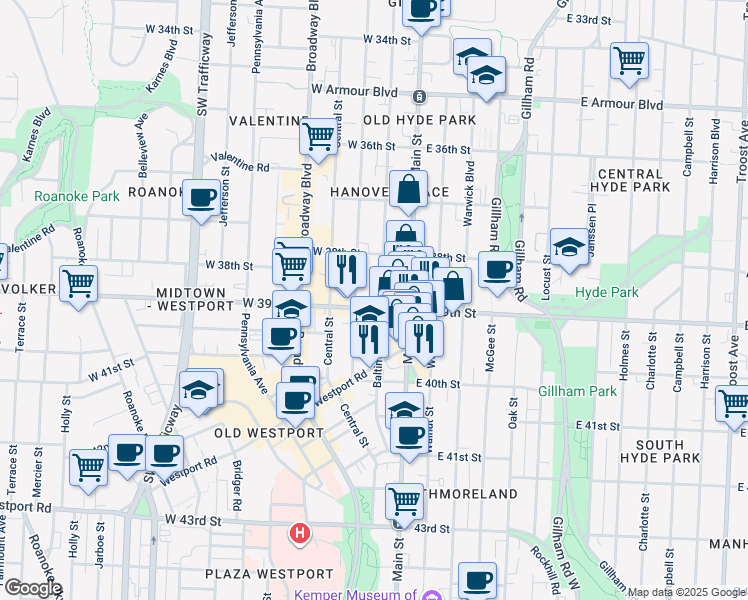 map of restaurants, bars, coffee shops, grocery stores, and more near 3837 Baltimore Avenue in Kansas City
