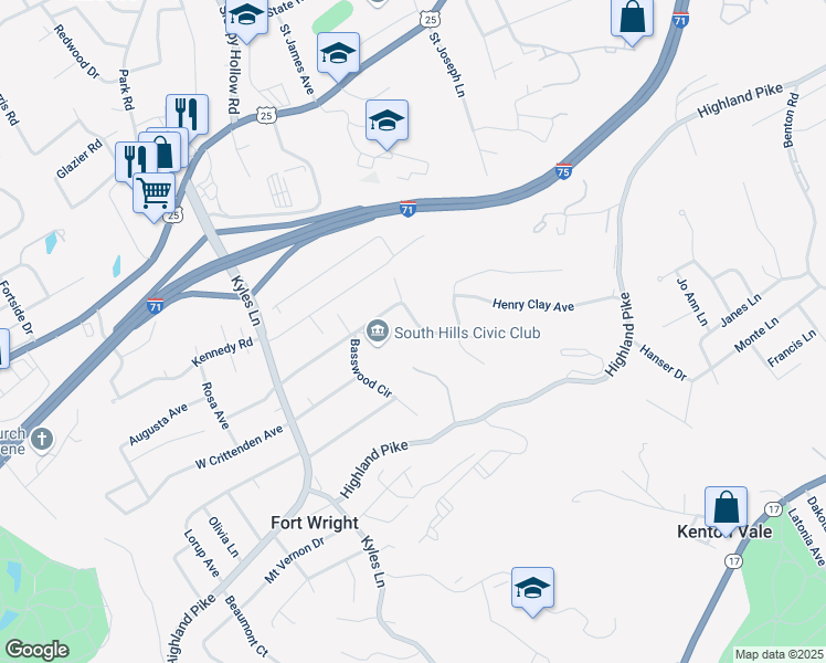 map of restaurants, bars, coffee shops, grocery stores, and more near 1417 East Henry Clay Avenue in Fort Wright