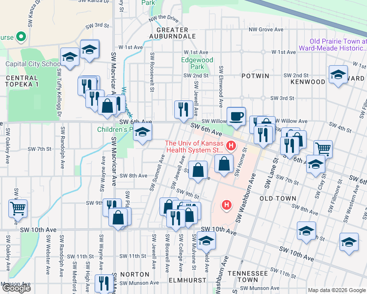 map of restaurants, bars, coffee shops, grocery stores, and more near 701 Southwest Jewell Avenue in Topeka