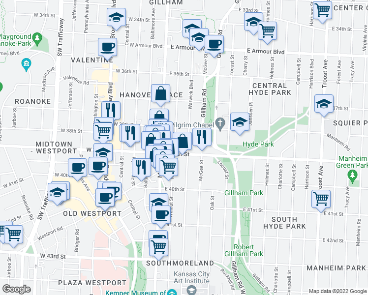 map of restaurants, bars, coffee shops, grocery stores, and more near 3830 Warwick Boulevard in Kansas City