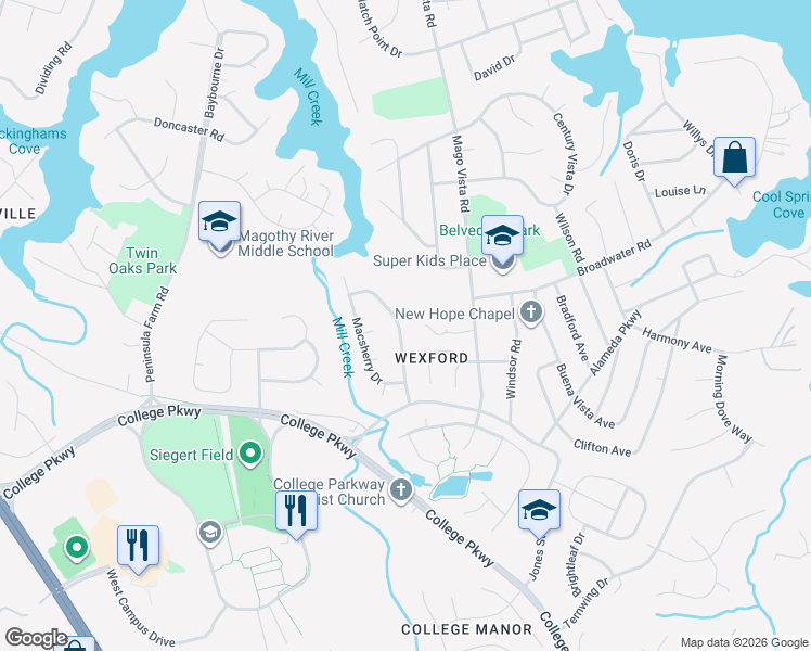 map of restaurants, bars, coffee shops, grocery stores, and more near 805 Ruxshire Drive in Arnold