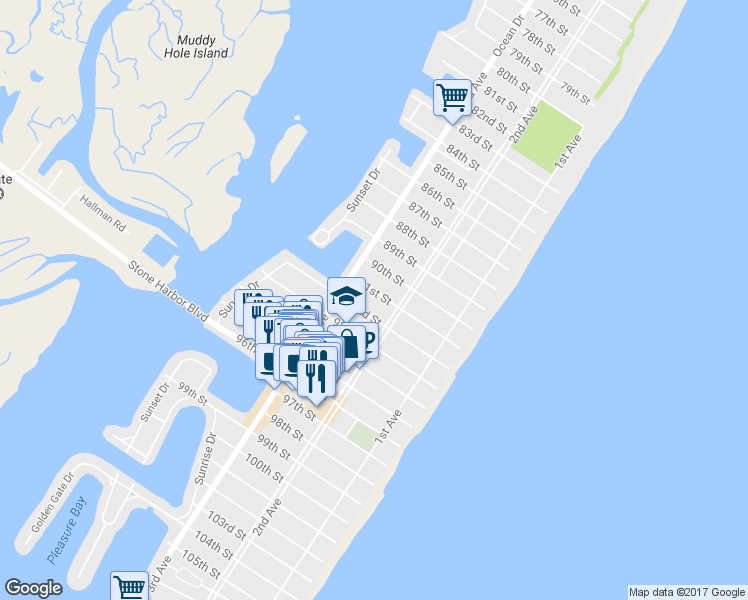 map of restaurants, bars, coffee shops, grocery stores, and more near 223 91st Street in Stone Harbor