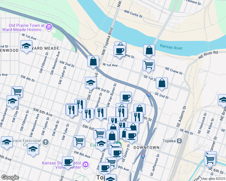 map of restaurants, bars, coffee shops, grocery stores, and more near 235 Southwest Van Buren Street in Topeka