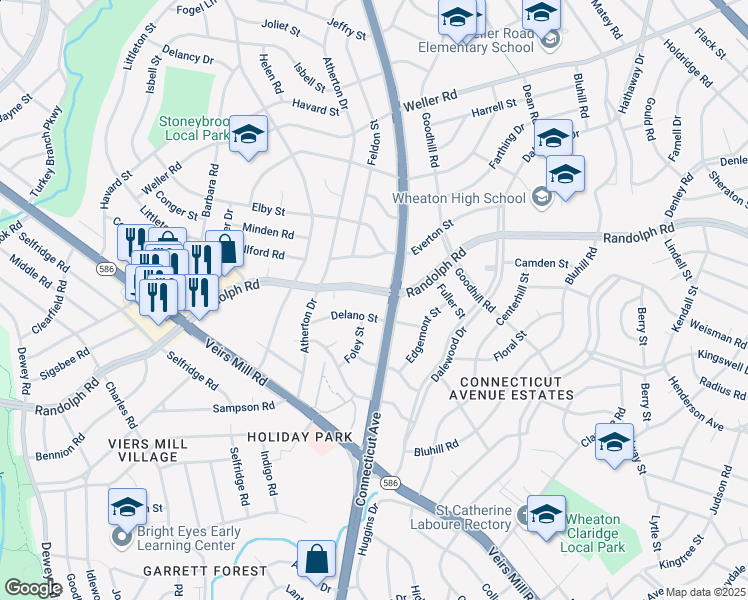 map of restaurants, bars, coffee shops, grocery stores, and more near 3704 Randolph Road in Silver Spring