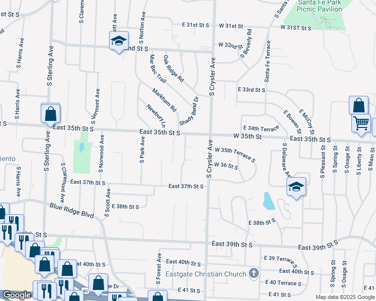 map of restaurants, bars, coffee shops, grocery stores, and more near 3516 Shady Bend Drive in Independence