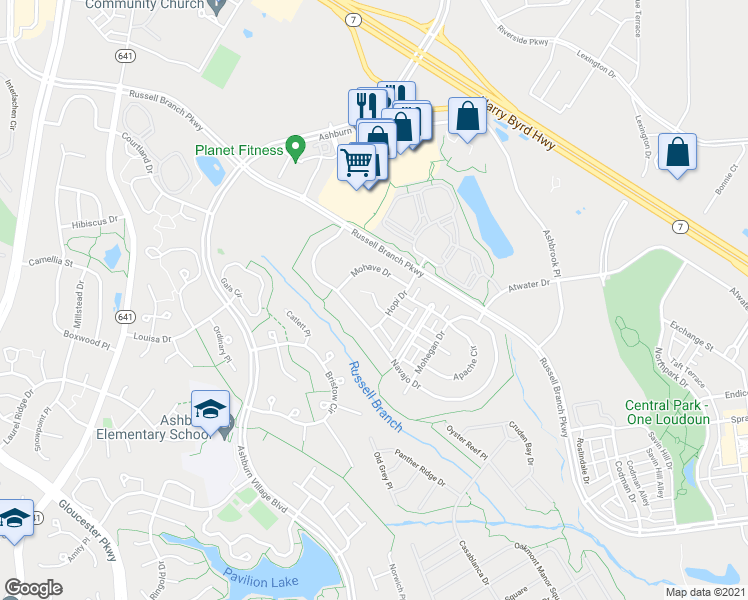 map of restaurants, bars, coffee shops, grocery stores, and more near 20211 Aztec Court in Ashburn