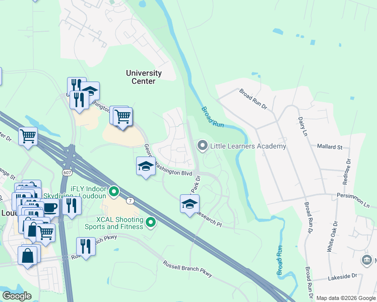 map of restaurants, bars, coffee shops, grocery stores, and more near 20202 Foothill Terrace in Ashburn