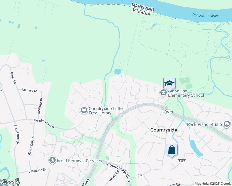 map of restaurants, bars, coffee shops, grocery stores, and more near 21 Fenton Wood Drive in Sterling