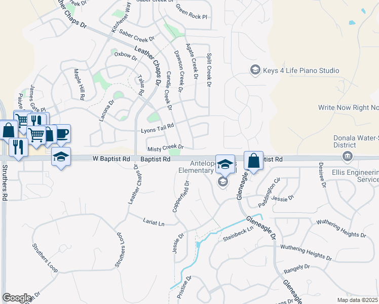 map of restaurants, bars, coffee shops, grocery stores, and more near 79 Misty Creek Drive in Monument