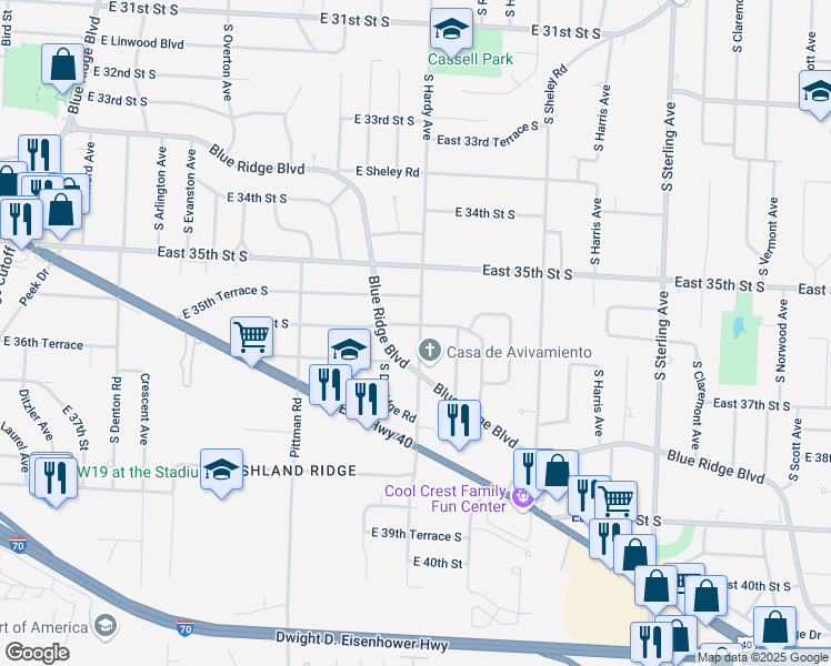 map of restaurants, bars, coffee shops, grocery stores, and more near 10333 East 36th Street South in Independence