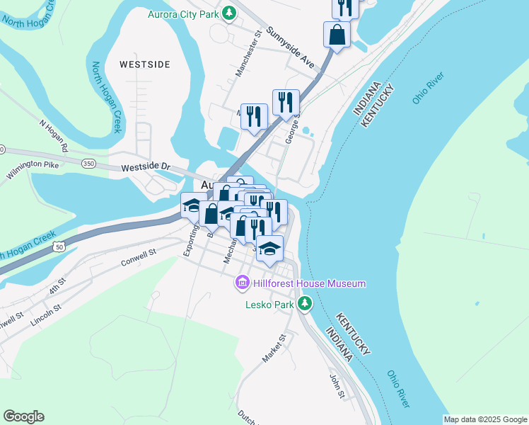 map of restaurants, bars, coffee shops, grocery stores, and more near 114 Main Street in Aurora