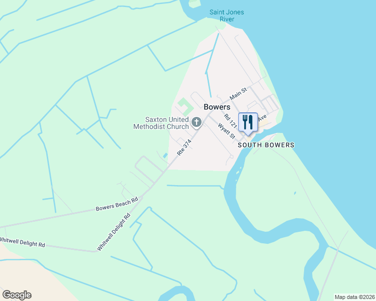 map of restaurants, bars, coffee shops, grocery stores, and more near 3160 Main Street in Frederica