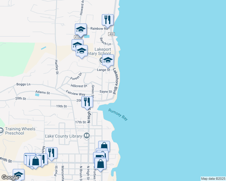 map of restaurants, bars, coffee shops, grocery stores, and more near 2055 Lakeshore Boulevard in Lakeport