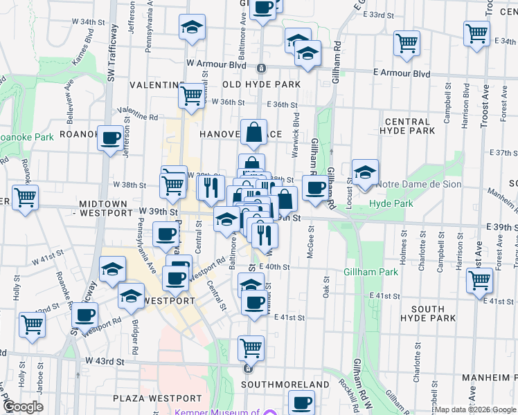 map of restaurants, bars, coffee shops, grocery stores, and more near 3835 Main Street in Kansas City