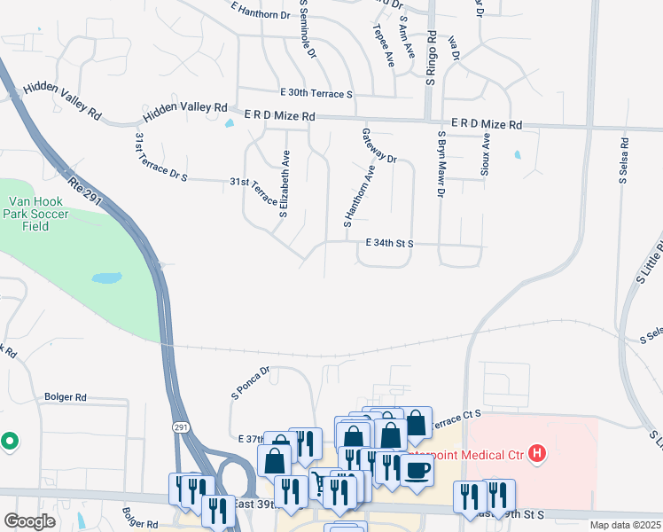 map of restaurants, bars, coffee shops, grocery stores, and more near 3413 South Arrowhead Drive in Independence