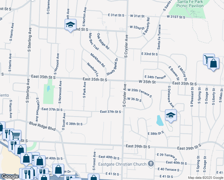 map of restaurants, bars, coffee shops, grocery stores, and more near 3516 Shady Bend Drive in Independence