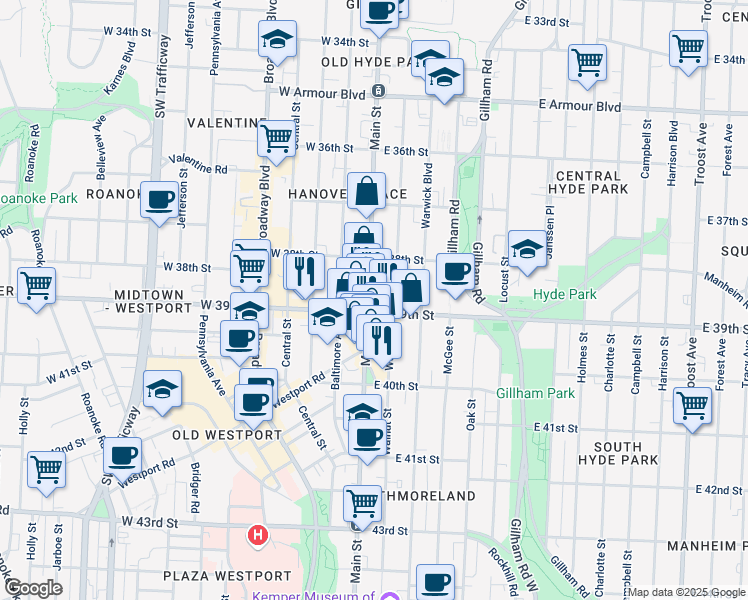 map of restaurants, bars, coffee shops, grocery stores, and more near in Kansas City