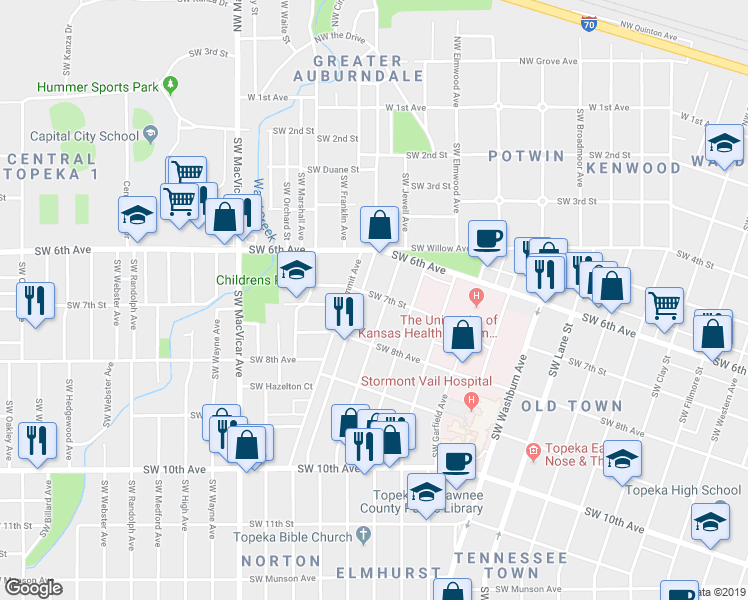 map of restaurants, bars, coffee shops, grocery stores, and more near 701 Southwest Jewell Avenue in Topeka
