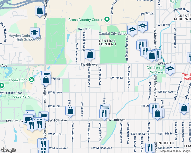 map of restaurants, bars, coffee shops, grocery stores, and more near 3322 Southwest 7th Street in Topeka