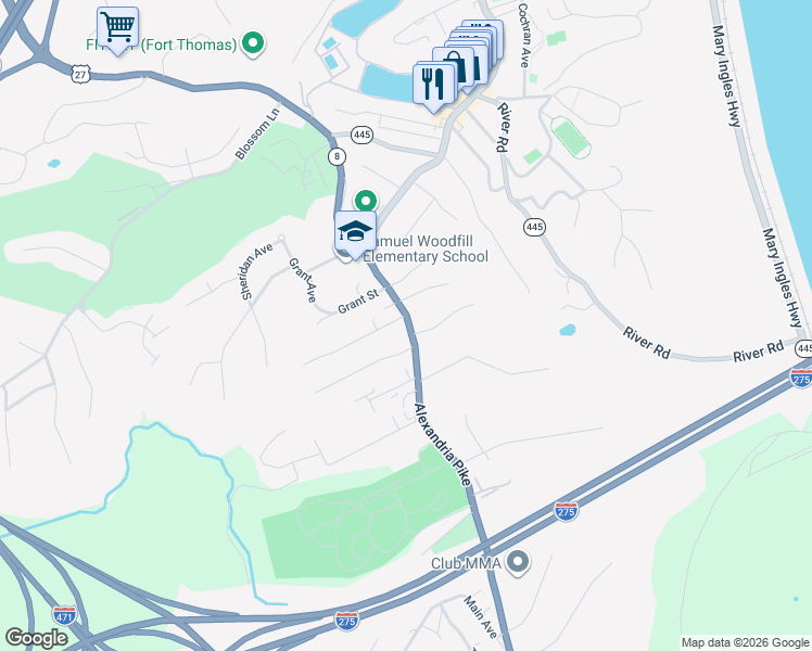 map of restaurants, bars, coffee shops, grocery stores, and more near 1205 Alexandria Pike in Fort Thomas