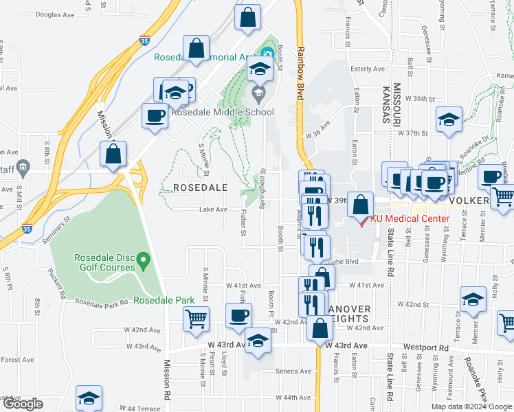 map of restaurants, bars, coffee shops, grocery stores, and more near 2605 West 39th Avenue in Kansas City