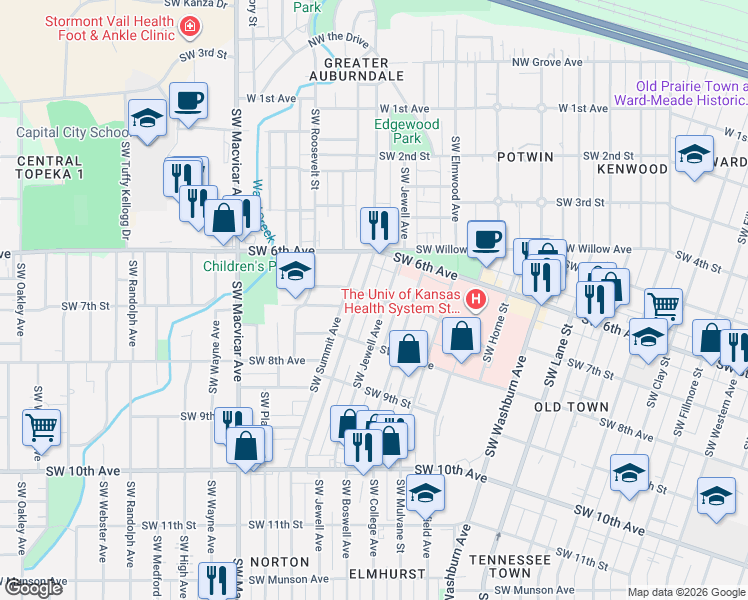 map of restaurants, bars, coffee shops, grocery stores, and more near 701 Southwest Jewell Avenue in Topeka