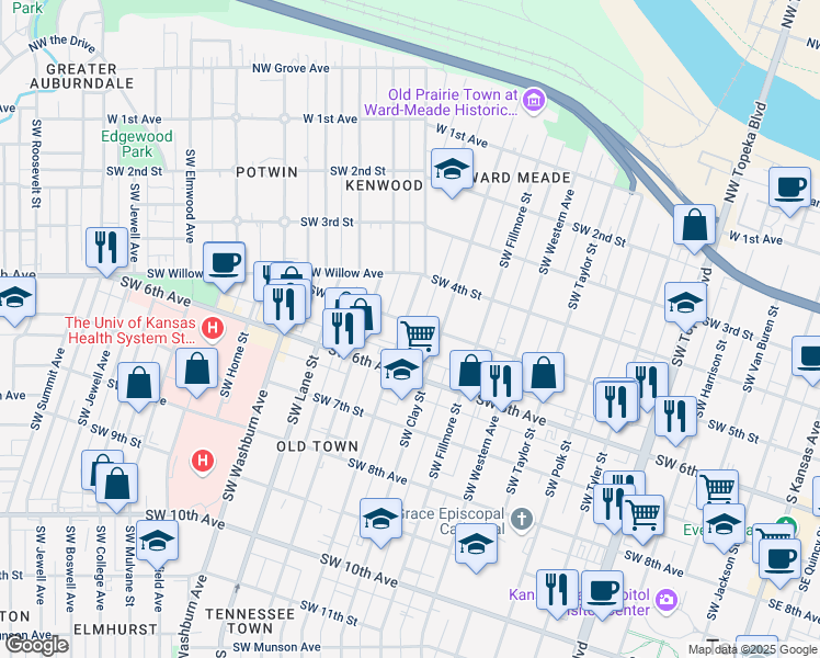 map of restaurants, bars, coffee shops, grocery stores, and more near 500 Southwest Buchanan Street in Topeka