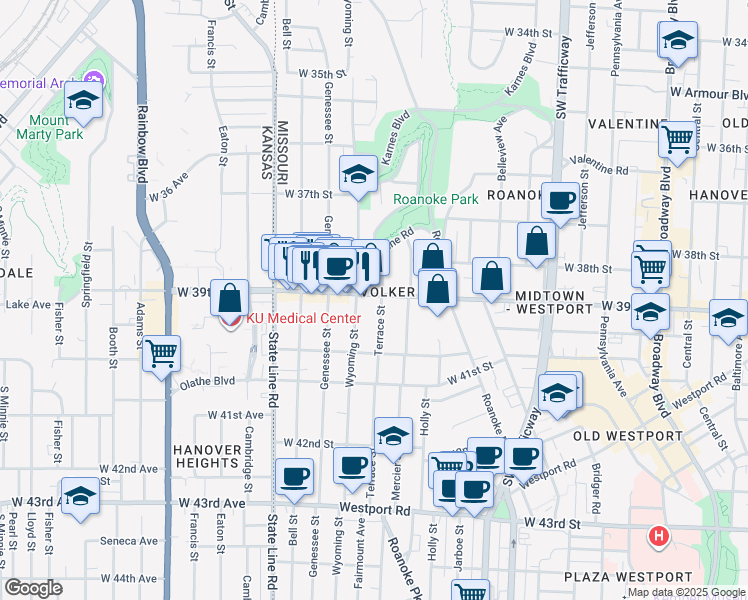map of restaurants, bars, coffee shops, grocery stores, and more near 3903 Wyoming Street in Kansas City