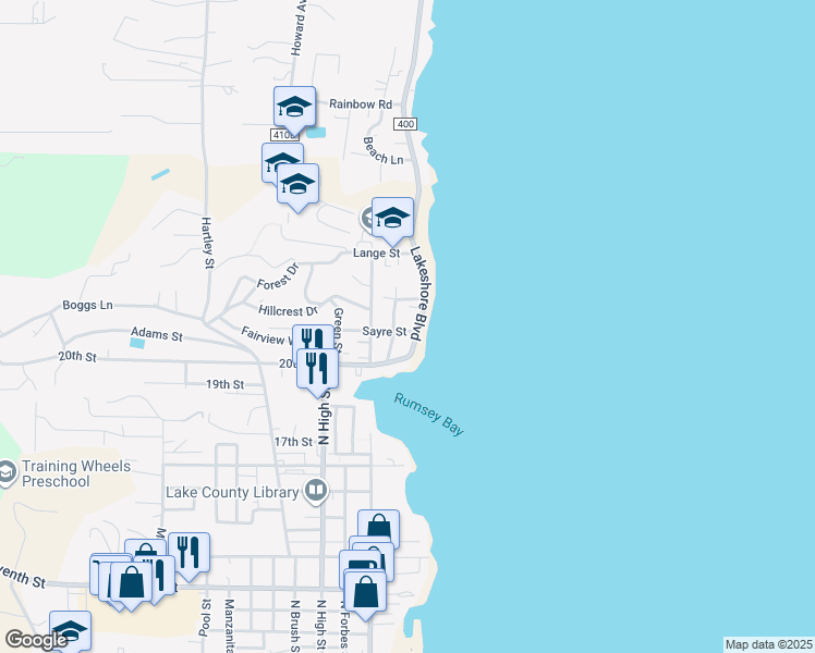 map of restaurants, bars, coffee shops, grocery stores, and more near 2055 Lakeshore Boulevard in Lakeport