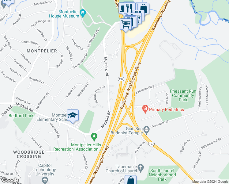 map of restaurants, bars, coffee shops, grocery stores, and more near 12201 Blue Moon Court in Laurel