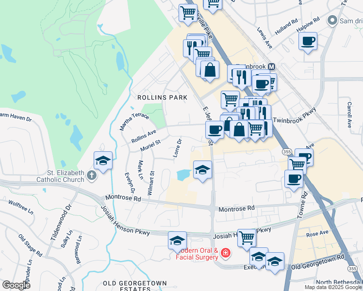 map of restaurants, bars, coffee shops, grocery stores, and more near 1704 Lorre Drive in Rockville