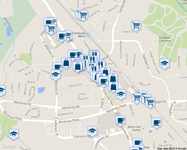 map of restaurants, bars, coffee shops, grocery stores, and more near 12103 Rockville Pike in Rockville