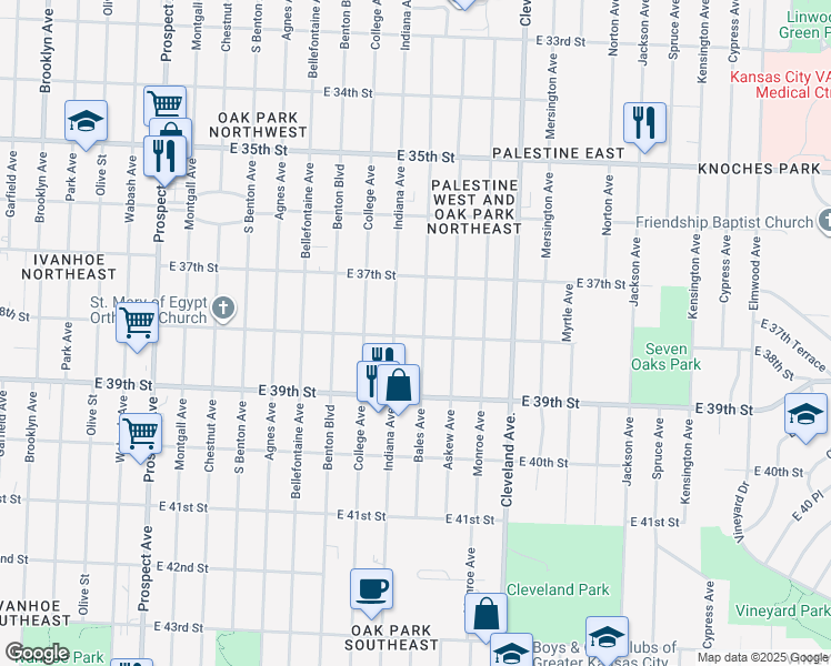 map of restaurants, bars, coffee shops, grocery stores, and more near 3738 Bales Avenue in Kansas City