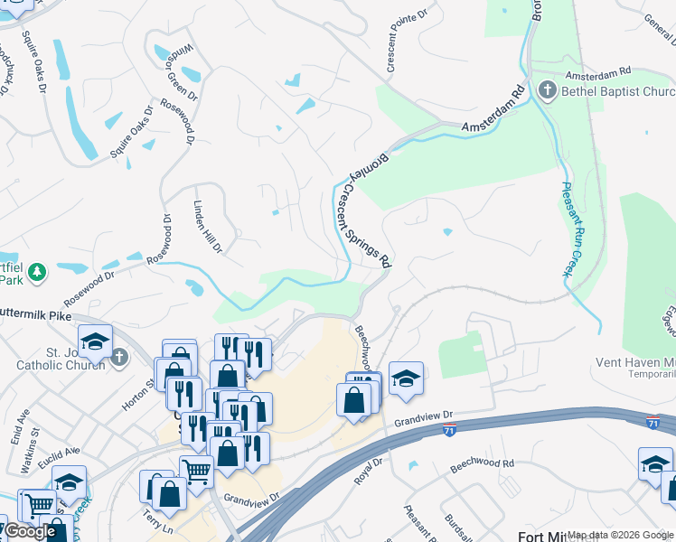 map of restaurants, bars, coffee shops, grocery stores, and more near 2131 Clareglen Drive in Crescent Springs