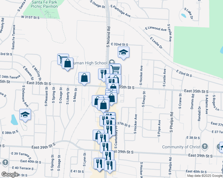 map of restaurants, bars, coffee shops, grocery stores, and more near 3501 South Noland Road in Independence