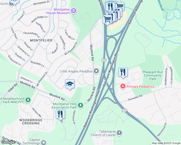 map of restaurants, bars, coffee shops, grocery stores, and more near 9425 Rosmarin Way in Laurel