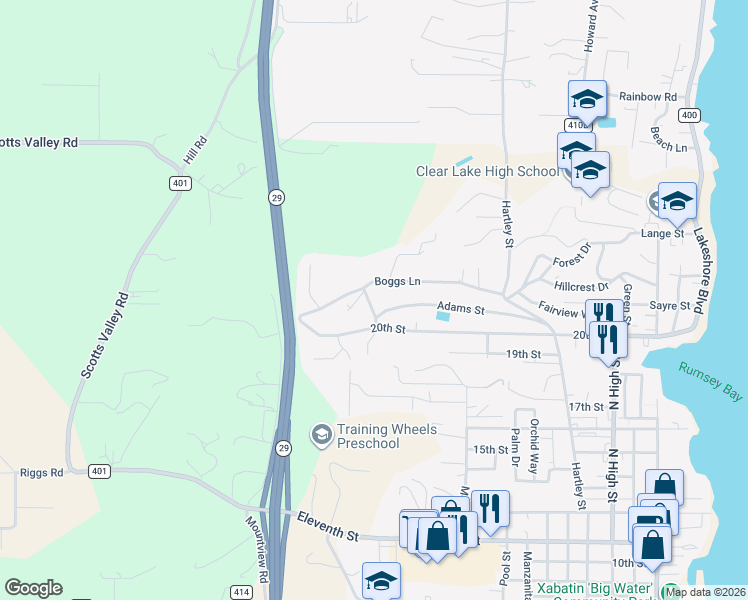 map of restaurants, bars, coffee shops, grocery stores, and more near 2268 Will O View Circle in Lakeport