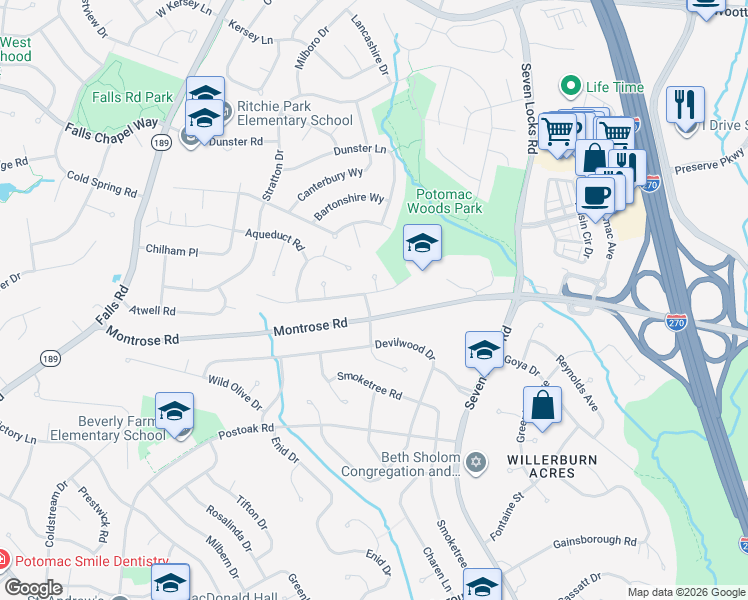 map of restaurants, bars, coffee shops, grocery stores, and more near 8200 Geneva Mason Road in Rockville