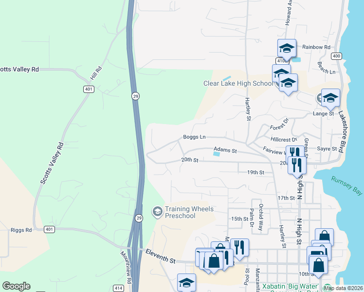 map of restaurants, bars, coffee shops, grocery stores, and more near 2268 Will O View Circle in Lakeport