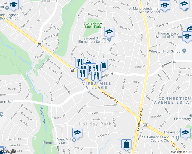 map of restaurants, bars, coffee shops, grocery stores, and more near 12203 Veirs Mill Road in Silver Spring