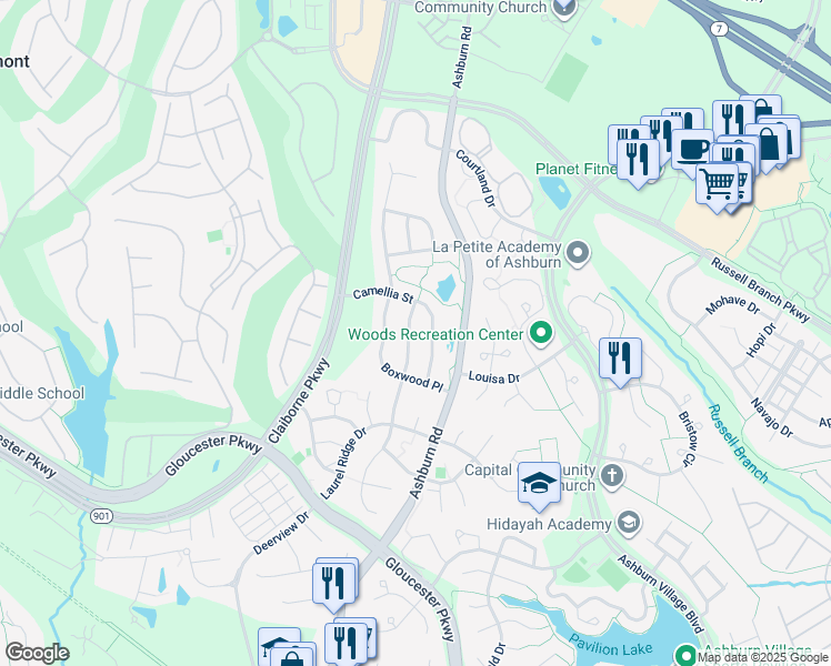 map of restaurants, bars, coffee shops, grocery stores, and more near 20226 Millstead Drive in Ashburn