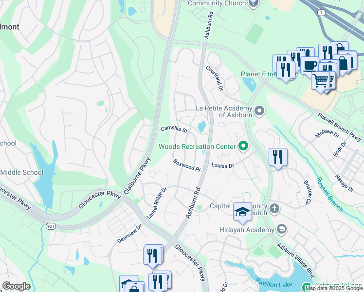 map of restaurants, bars, coffee shops, grocery stores, and more near 20227 Millstead Drive in Ashburn